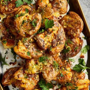Close Up of Smashed Potatoes with lemon and whipped feta