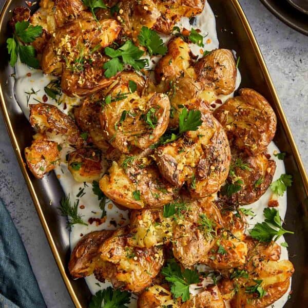 Smashed Potatoes with lemon and whipped feta