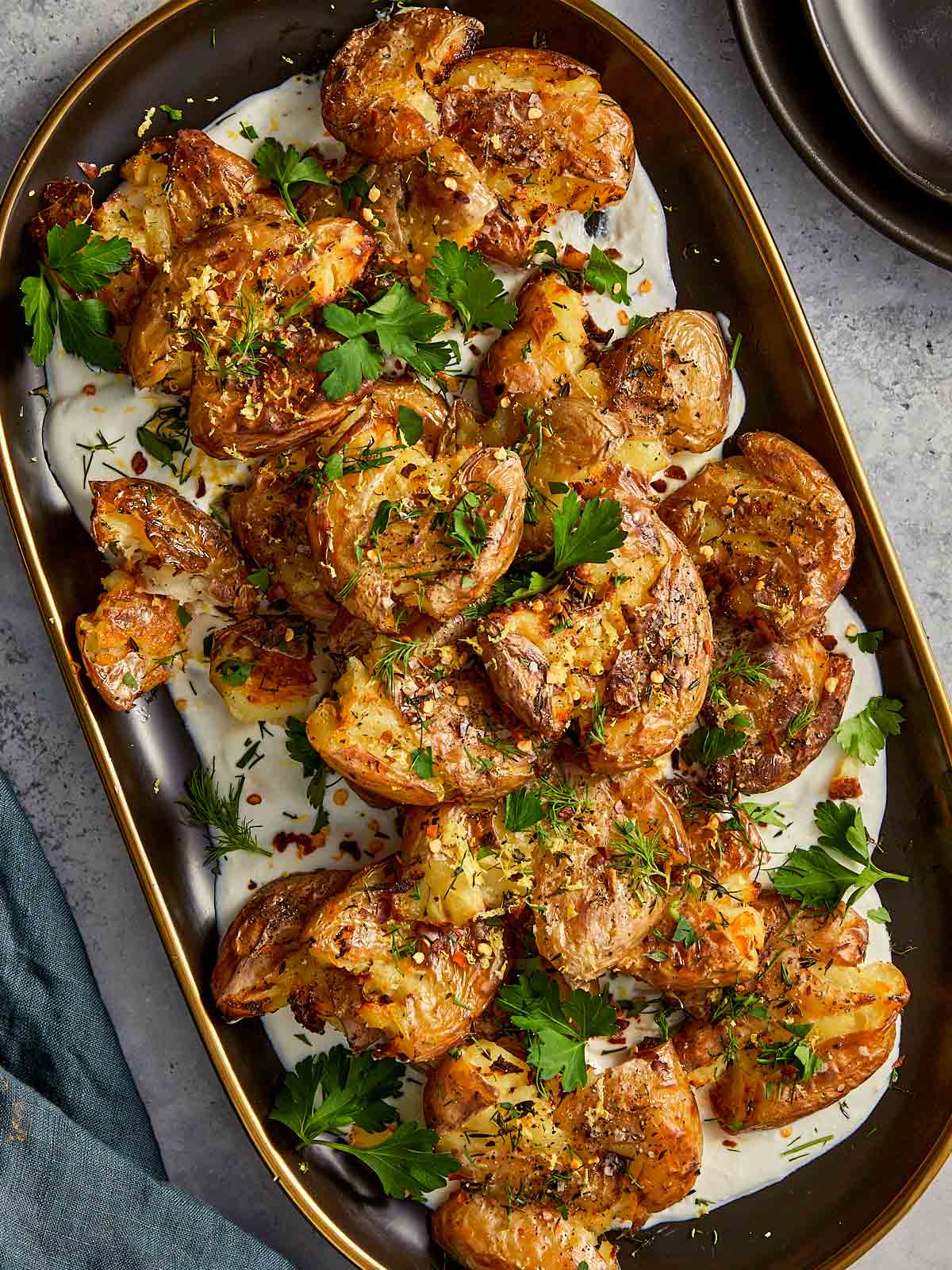 Smashed Potatoes with lemon and whipped feta