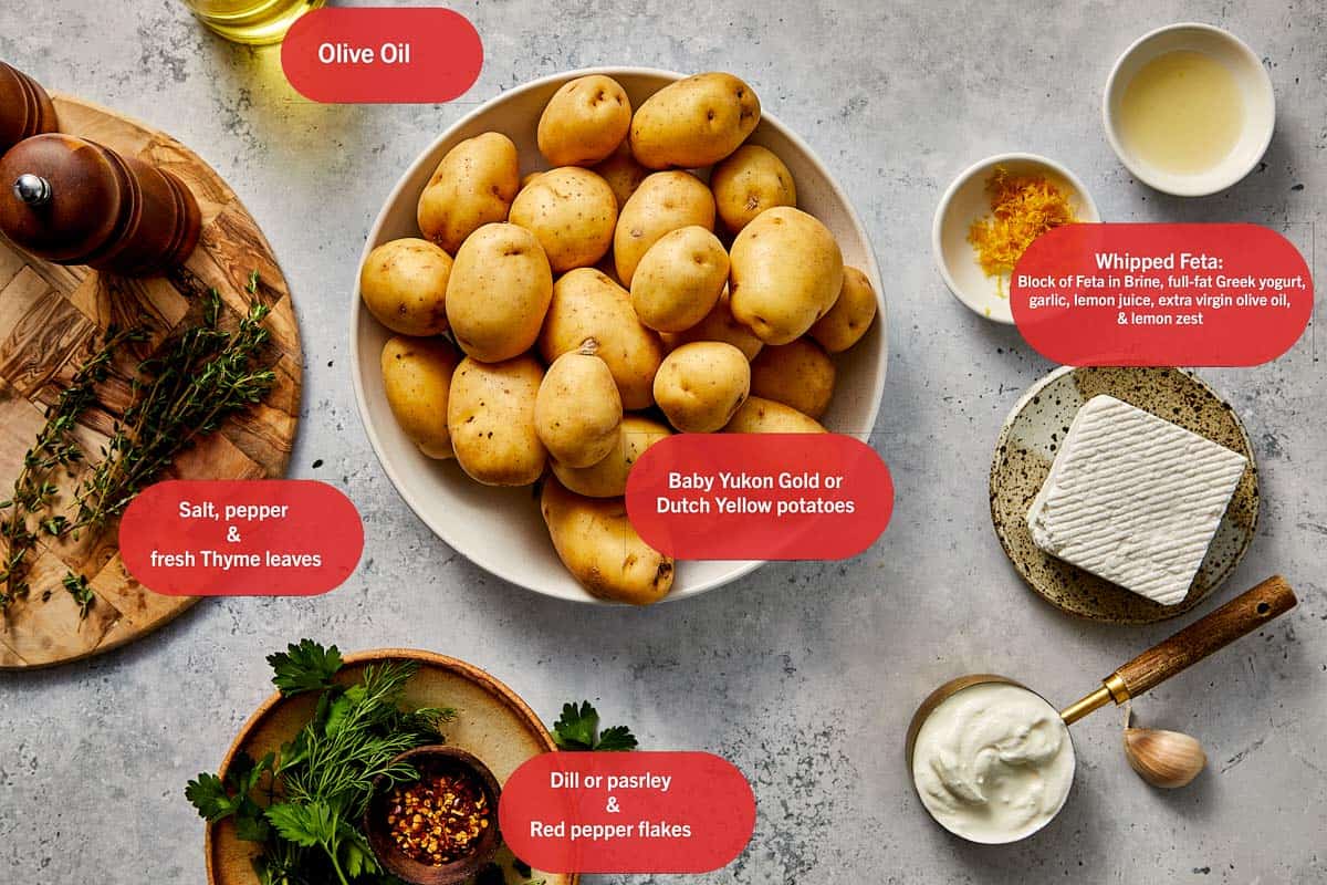Top view of Ingredients for Smashed Potatoes with lemon and whipped feta labeled