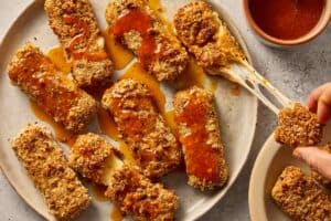 Pulling the cheese of mozarella sticks ready to eat and covered with hot honey sauce