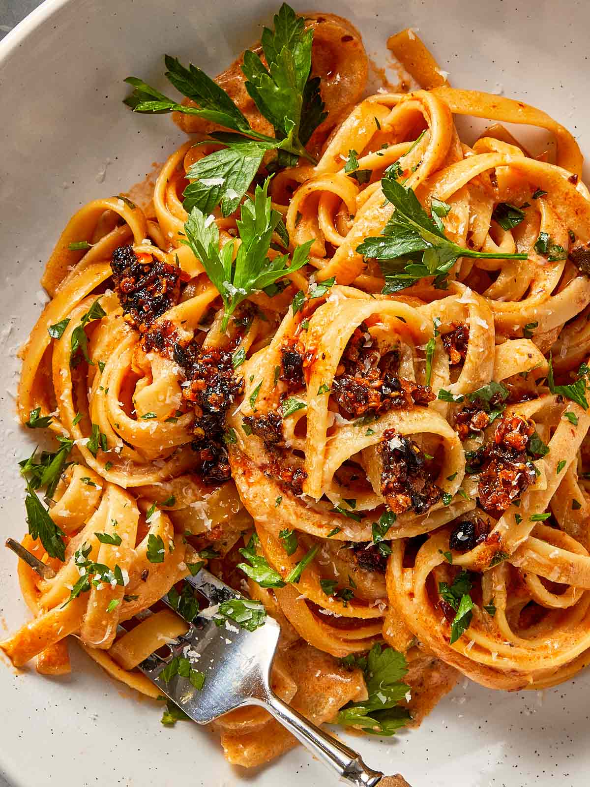 served chili oil onion pasta ready to eat