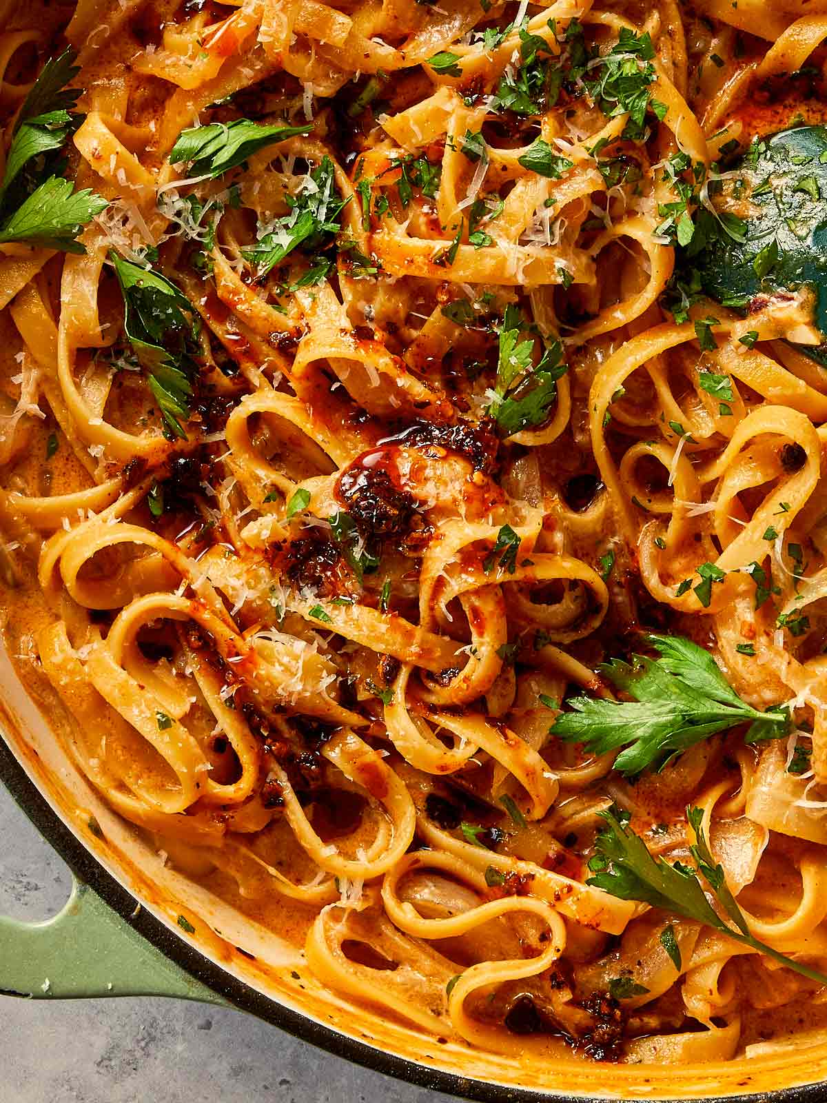 Close Up of Onion Chili Oil Pasta