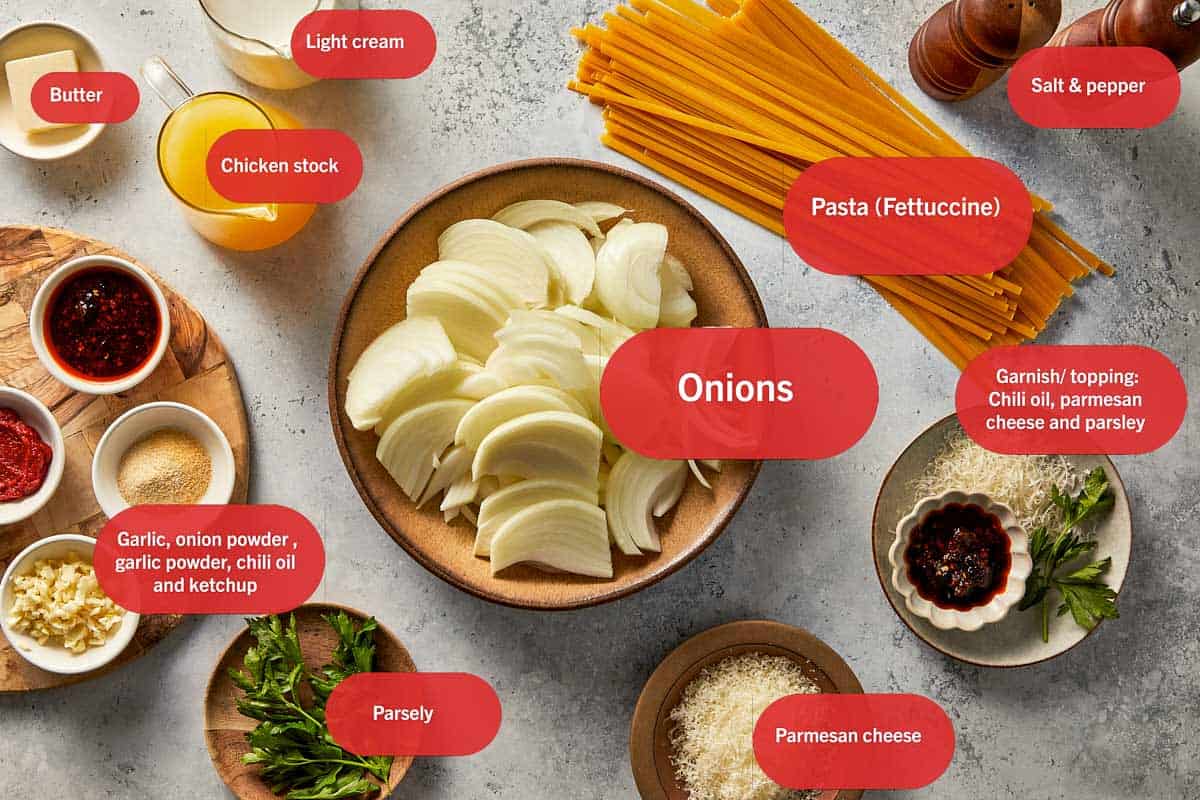 List of Ingredients for Spicy Onion Pasta labeled