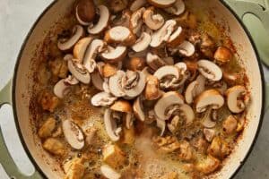 Cooking mushrooms, onions, and garlic