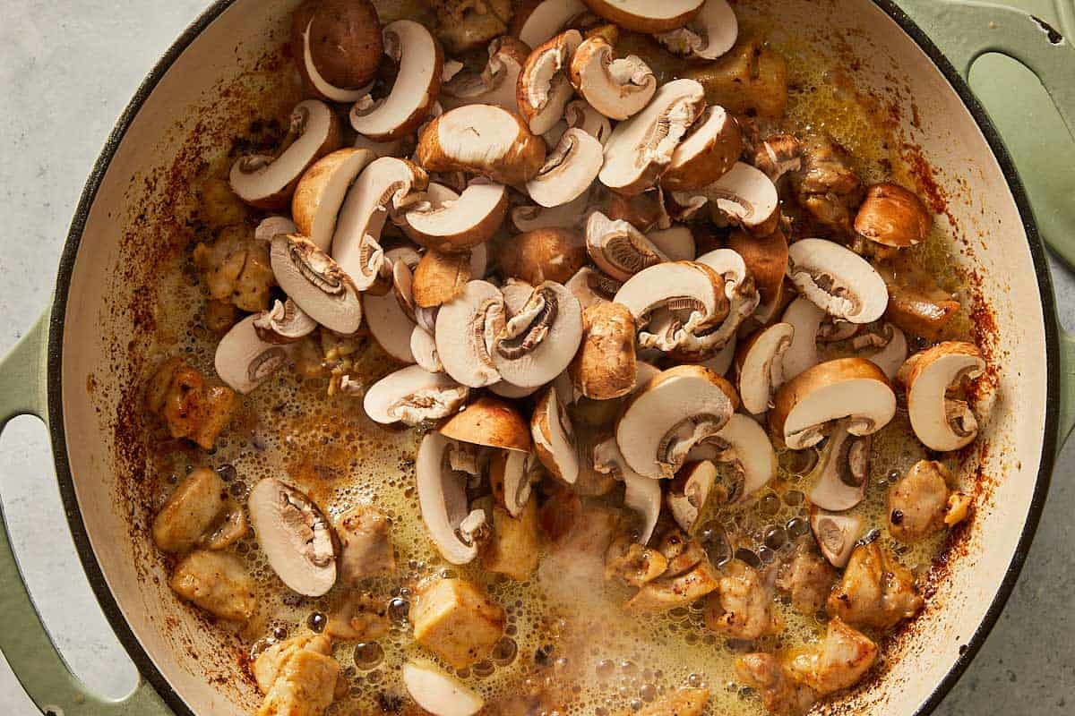 Cooking mushrooms, onions, and garlic