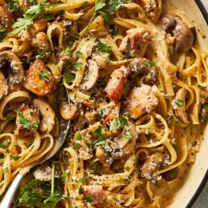 Mushroom chicken Alfredo in a pan ready to be served