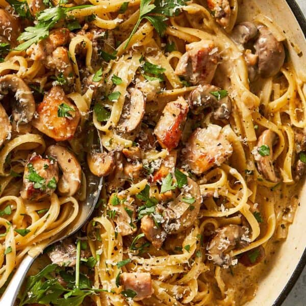 Mushroom chicken Alfredo in a pan ready to be served