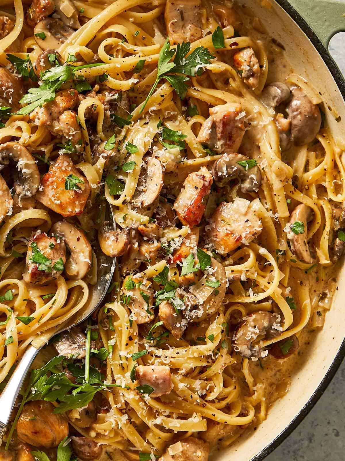 Mushroom chicken Alfredo in a pan ready to be served 
