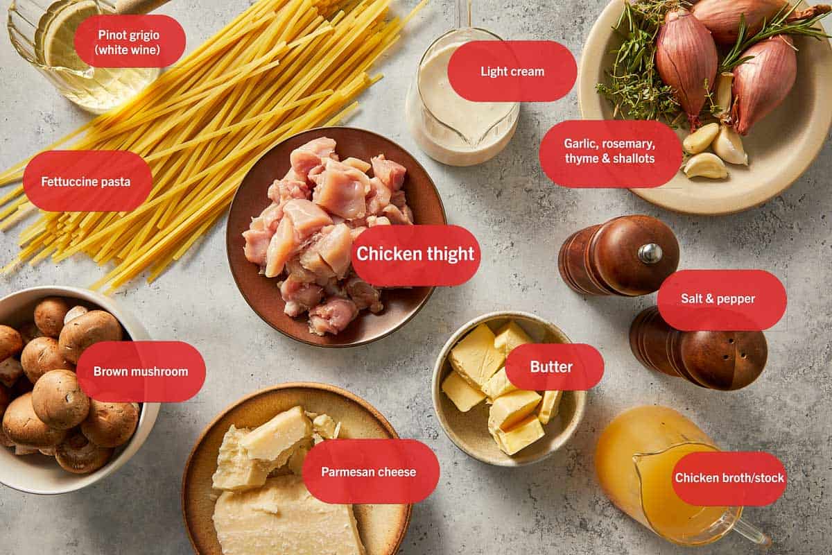 Ingredients for Chicken Alfredo labeled in a top view table