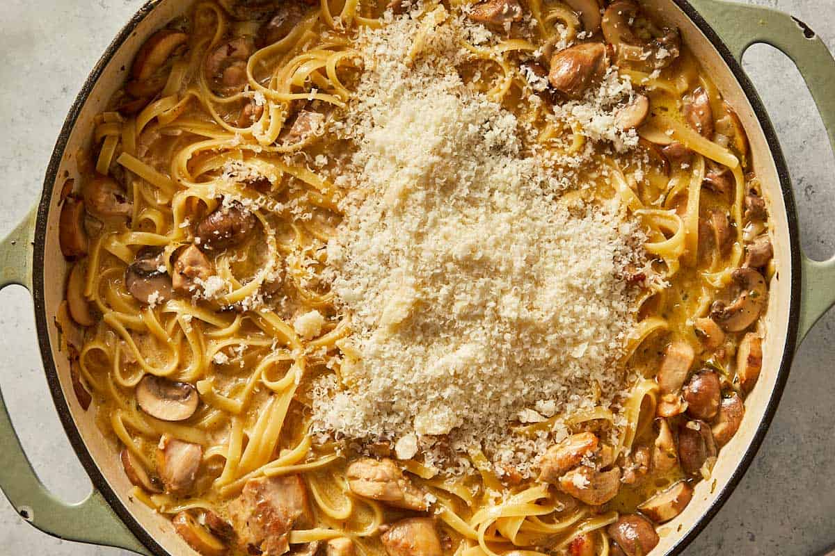 Putting parmesan in cooked pasta directly in a pan
