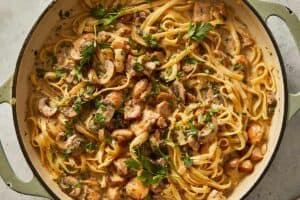 Ready Chicken Alfredo pasta with mushrooms ready to eat