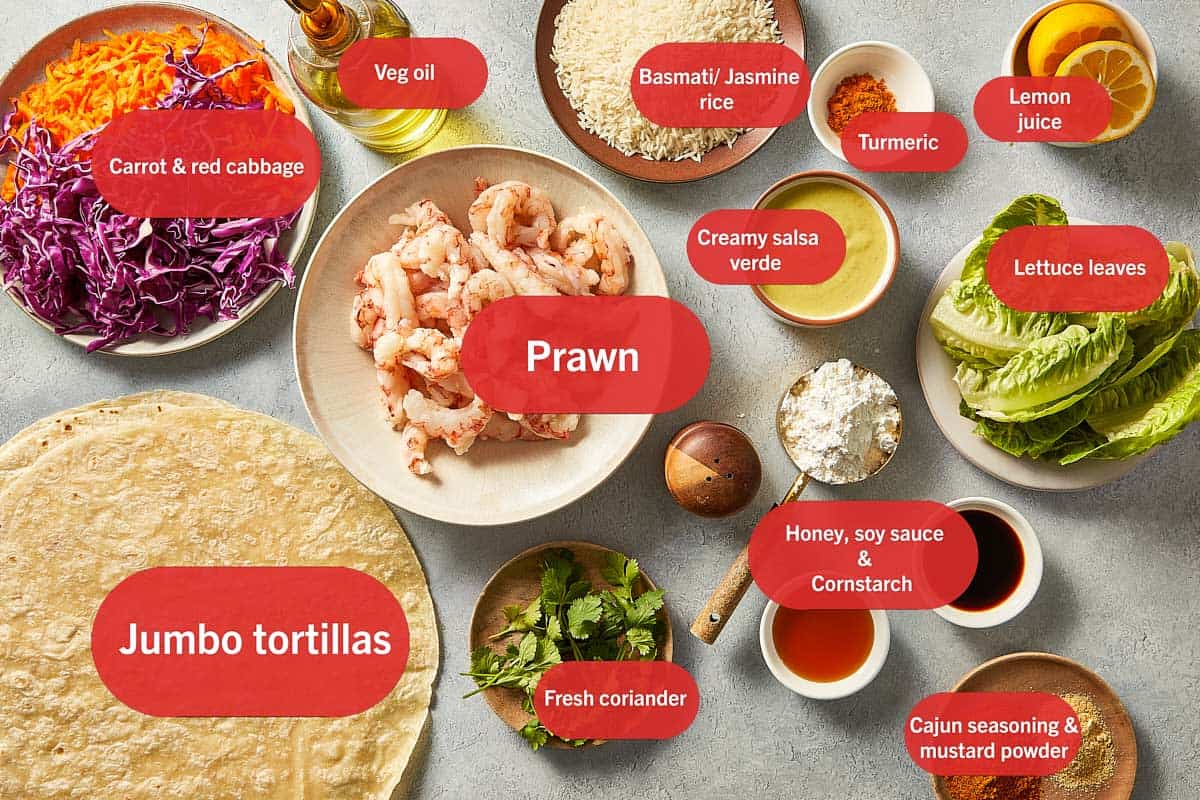Ingredient top view of the labeled ingredients for prawn burritos