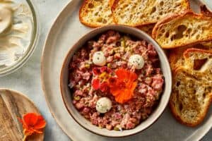 Finished plate of Steak Tartare ready to eat