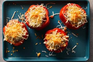 Pre-baked red bell peppers stuffed with chicken filling and topped with shredded cheese on a blue baking tray.