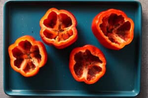 Four hollowed out red bell pepper halves on a blue baking sheet seasoned with salt and pepper.