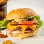 Shot of burger with potato edges